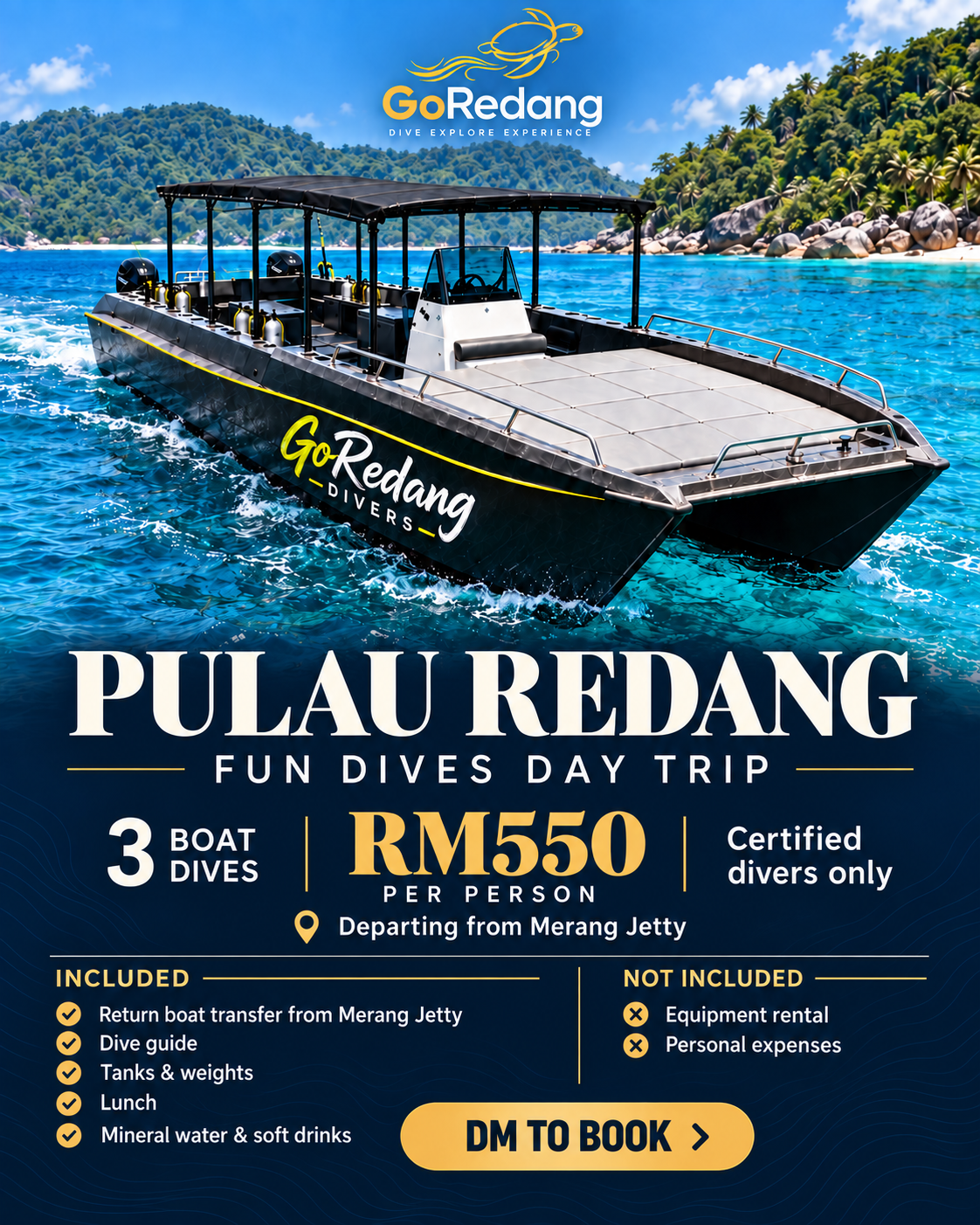 GoRedang fun-dives day-trip poster with the dive boat in Redang